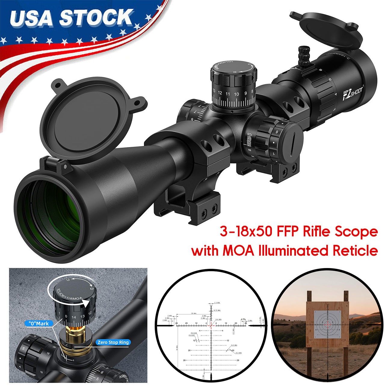 3-18x50 Long Range Riflescope First Focal Plane illuminated MOA Reticle w/ Mount