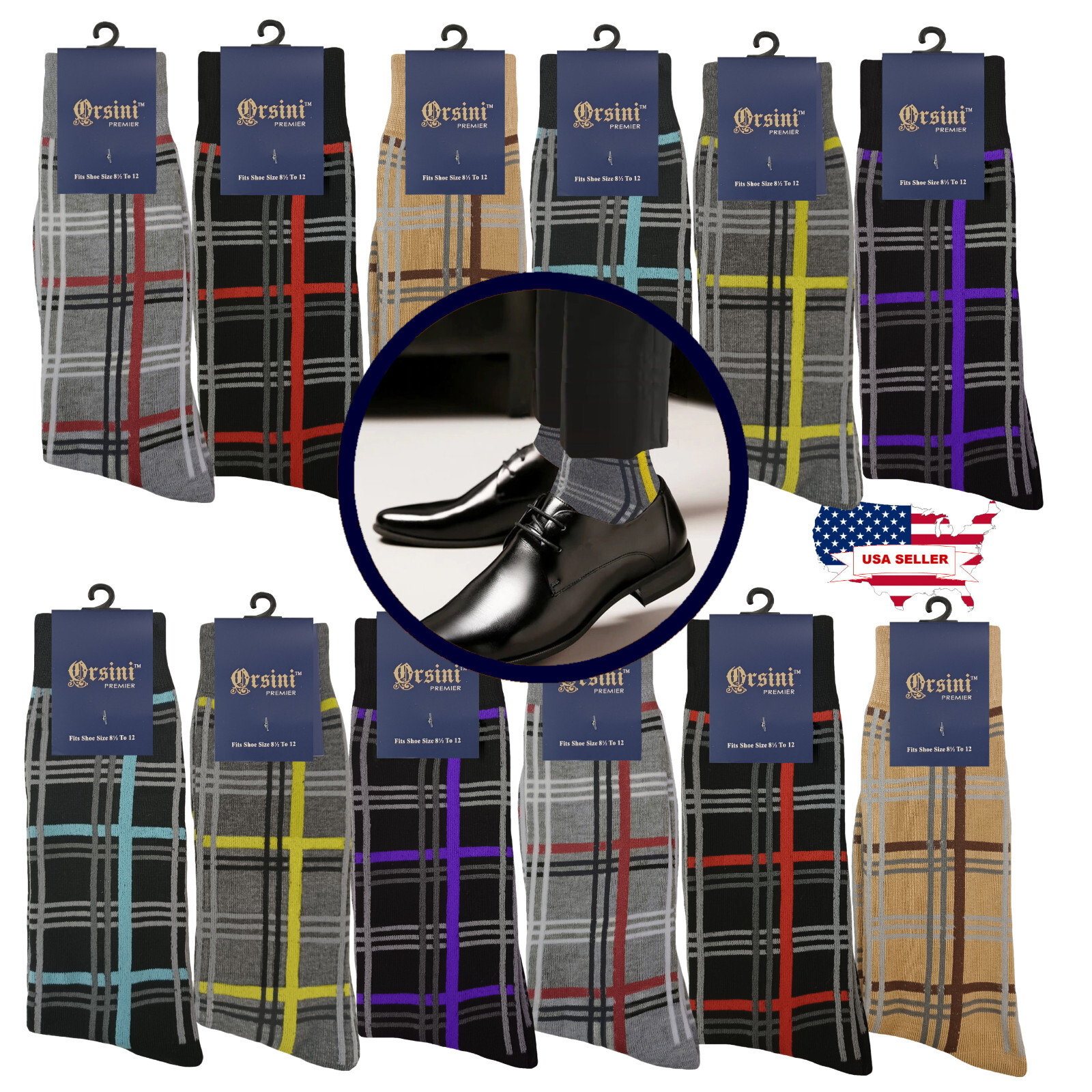 12 Pair Dress Socks PLAID Stripes COTTON SOCKS TRUE TO SIZE 10-13 FIRST QUALITY