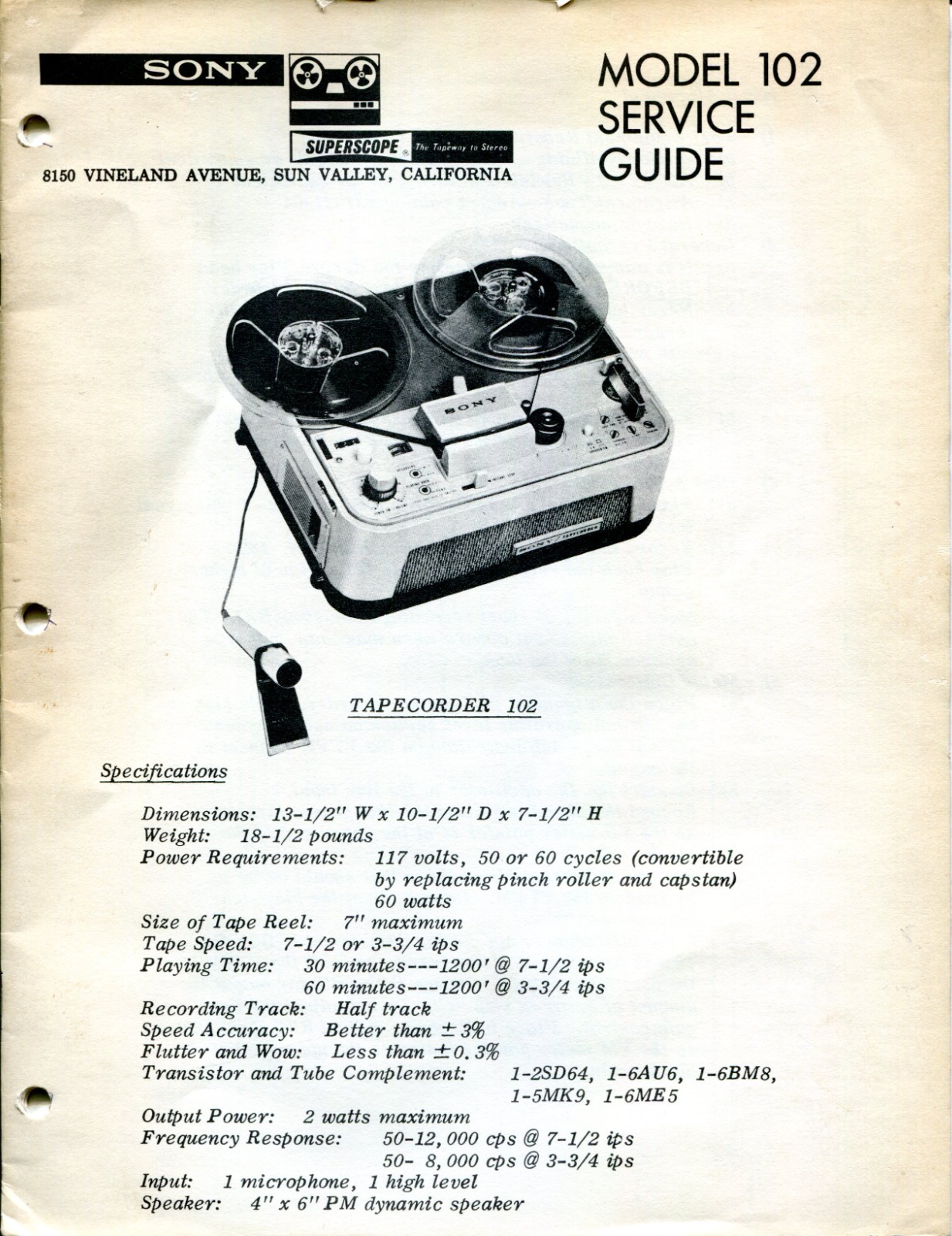 Sony Superscope Model 102 Tapecorder Service Guide Electronic Service Manual