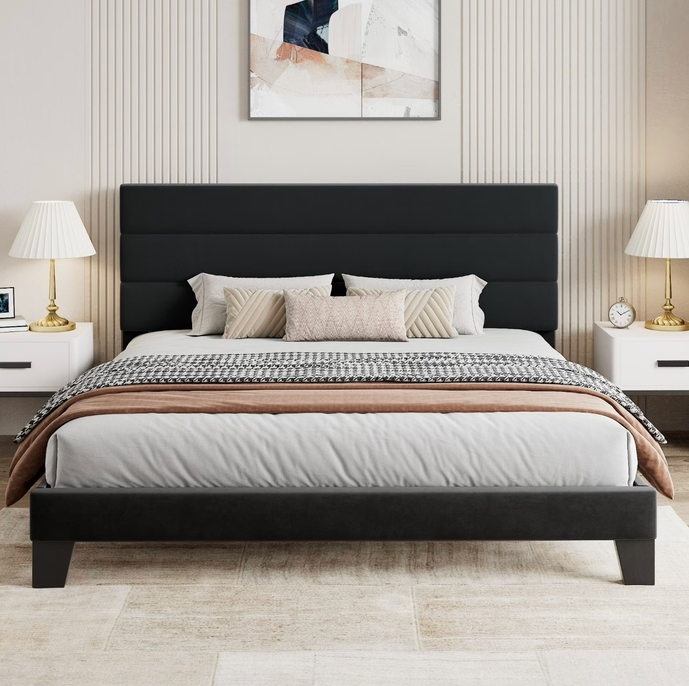 Cama King Tapizada en Terciopelo | King Velvet Upholstered Platform Bed Frame