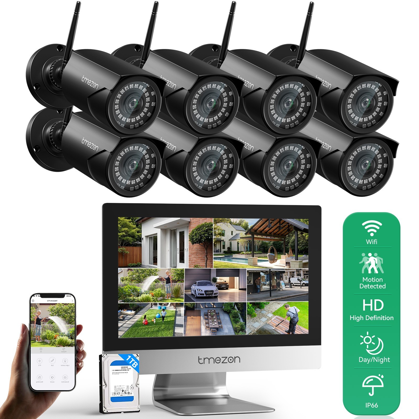 3MP 10CH 12'' Monitor Wireless Security Camera System WiFi Audio Recording 1TB