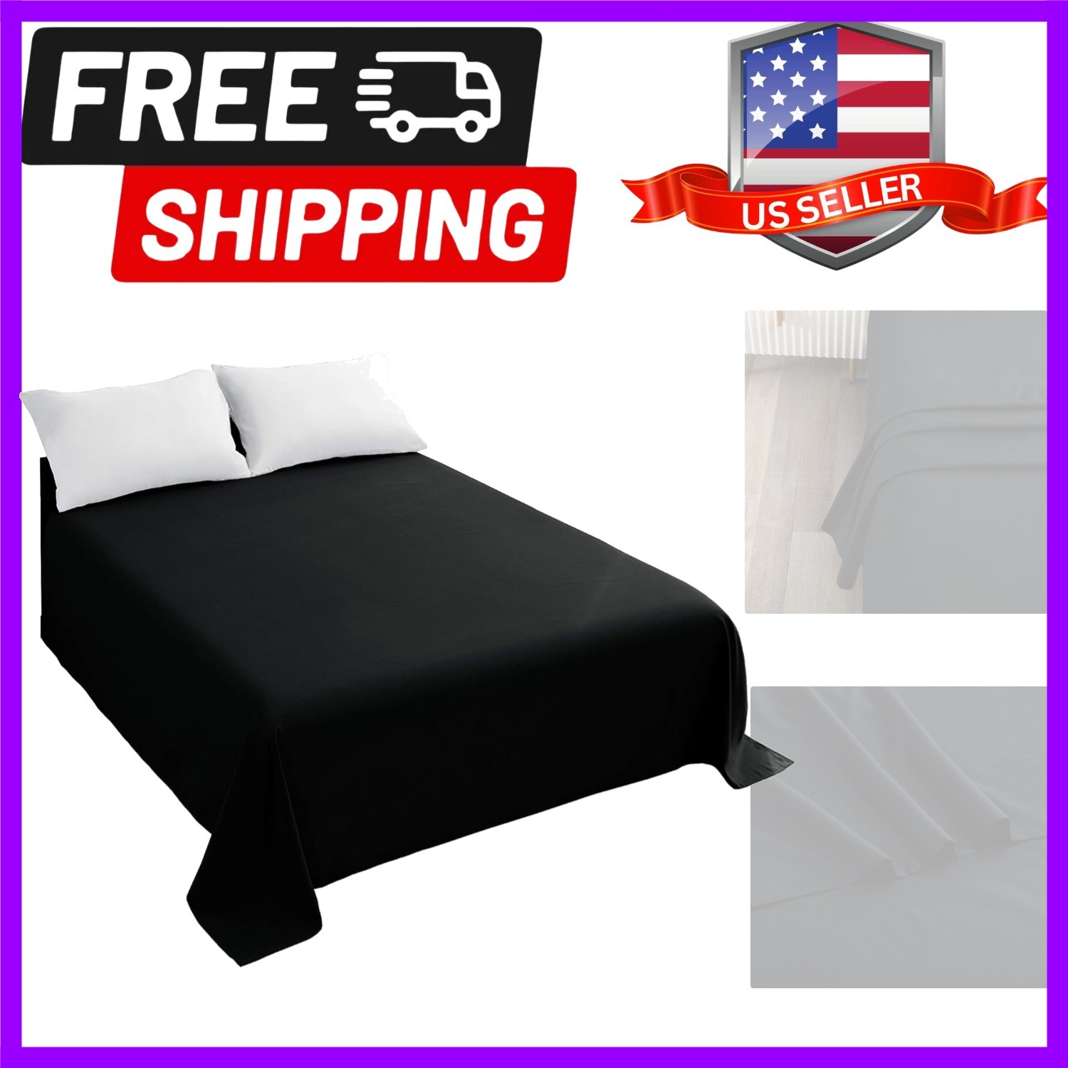 Queen Flat Sheet Black Top Sheet,  Hotel 1-Piece, Luxury and Soft 1500 Thread...