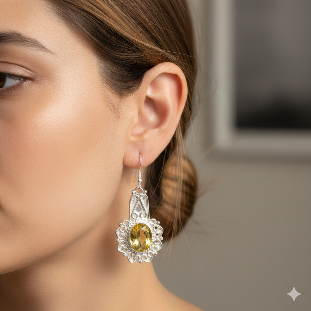 Golden Citrine Vintage Artisan Earrings -  925 Sterling Silver Jewelry j135