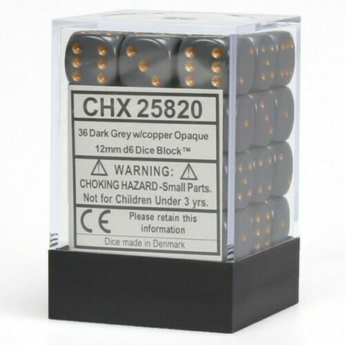 CHX25820 Chessex Manufacturing Opaque: 12mm D6 Dark Grey/Copper 36 Dungeons RPG