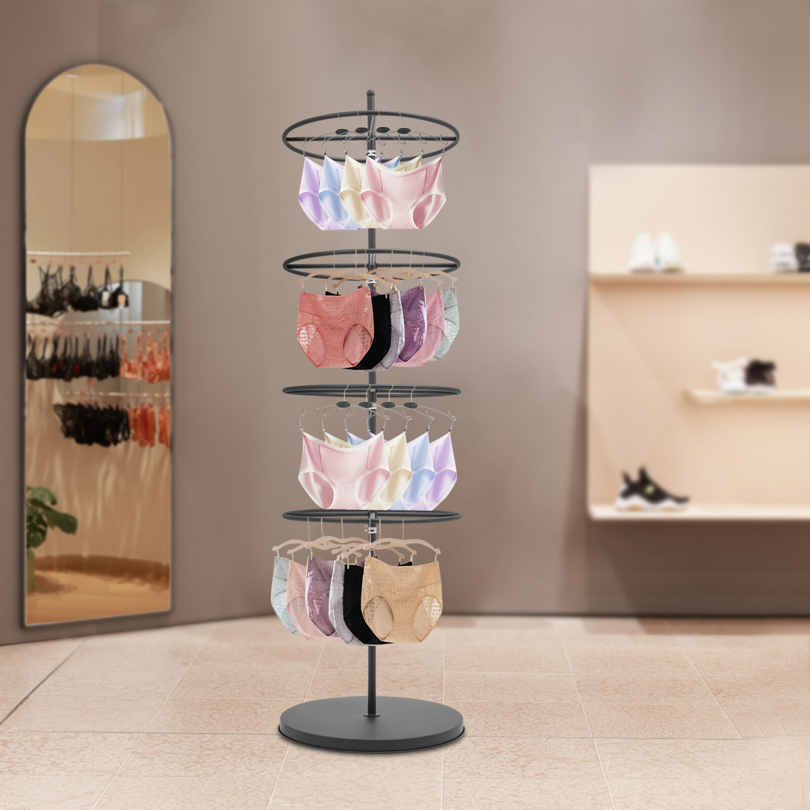 4 Tiers Rotatable Round Display Round Clothing Rack Metal Clothes Hanging Rack