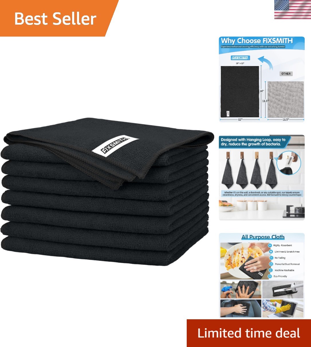 Highly Absorbent Microfiber Cleaning Towels - Solid Black, 8-pack, 16"x12"