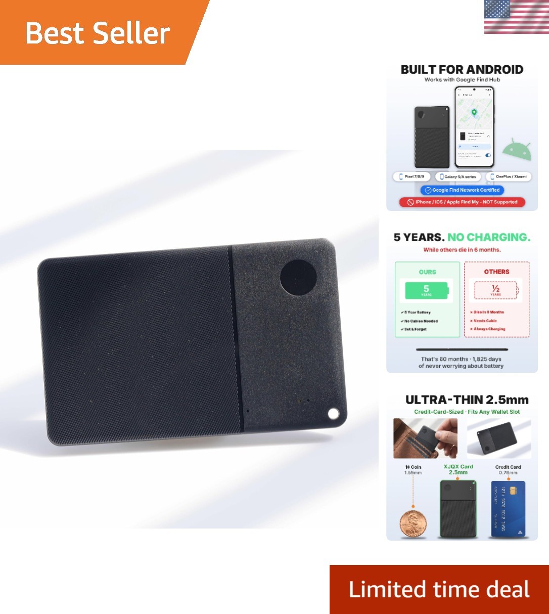 Ultra-Thin Android Wallet Tracker Card with 115dB Alarm - 5  Battery Life