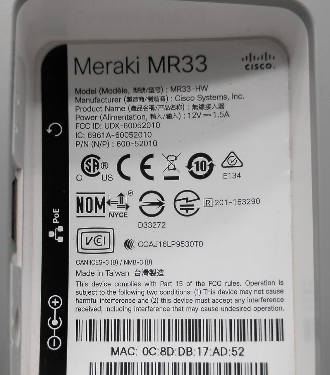 CISCO MERAKI MR33 MR33-HW WIRELESS ACCESS POINT *UNCLAIMED