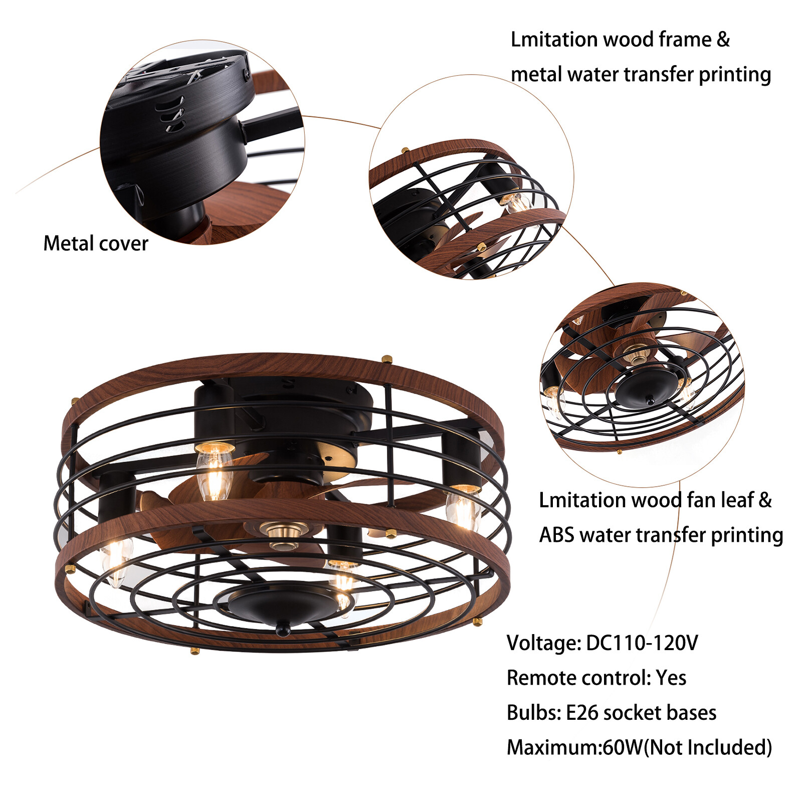 Farmhouse Ceiling Fan Light Flush Mount Caged Lights kit With Remote Control
