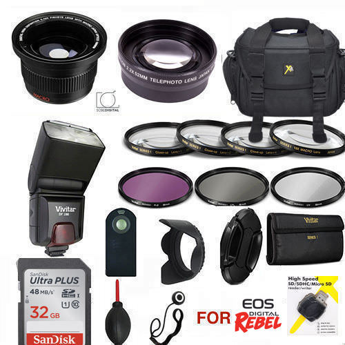 CANON REBEL T5 T6 T3 T6I 32GB 58MM KIT CASE REMOTE FLASH FILTERS ZOOM WIDE ANGLE