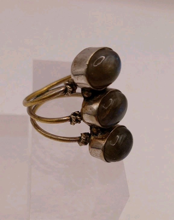 3 Stone Labradorite 3 In One Ring Brass Statement Ring Size 8 Silver Plated