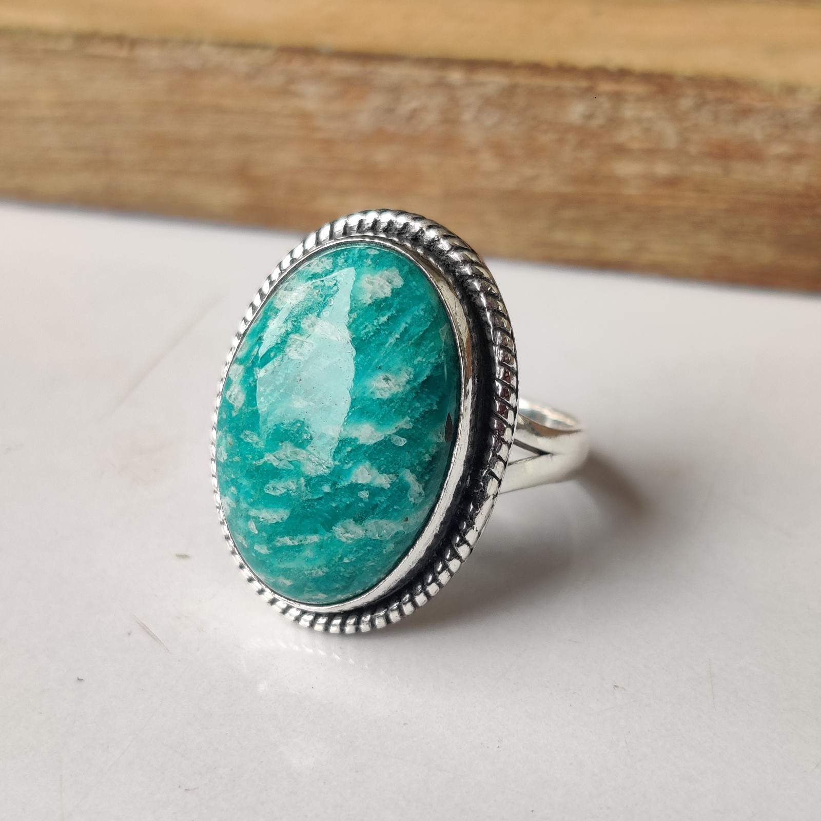 Amazonite Gemstone Ring Solid 925 Sterling Silver Statement Ring Size 7 BT1286