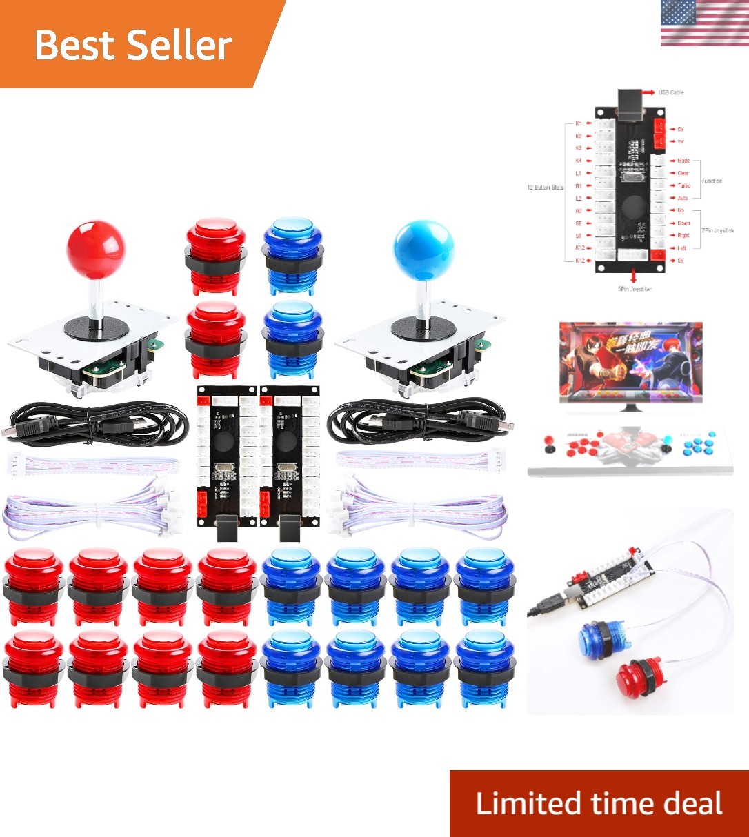 2 Player led arcade buttons and joysticks DIY kit 2x joysticks + 20x led arca...