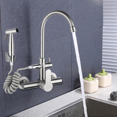 360 Swivel Stainless Steel Dual Hole Sink Tap Mixer Wall Mount Kitchen Faucet
