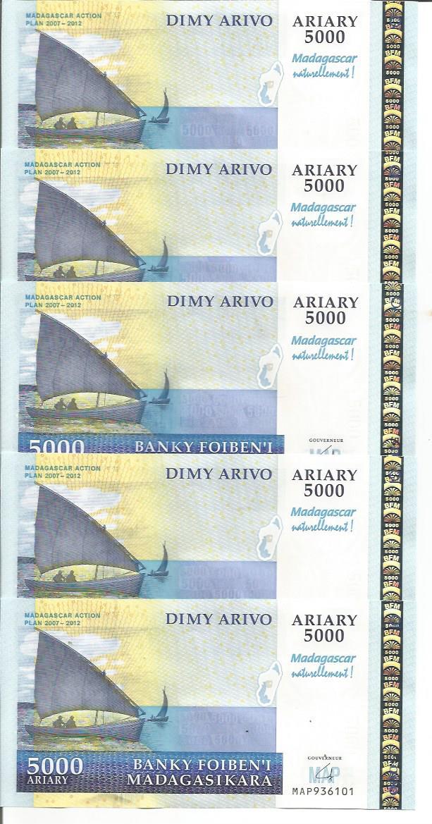 MADAGASCAR LOT 5x 5000 ARIARY 2008  P 94 COMMEMORATIVE. UNC CONDITION. 4RW 26OCT