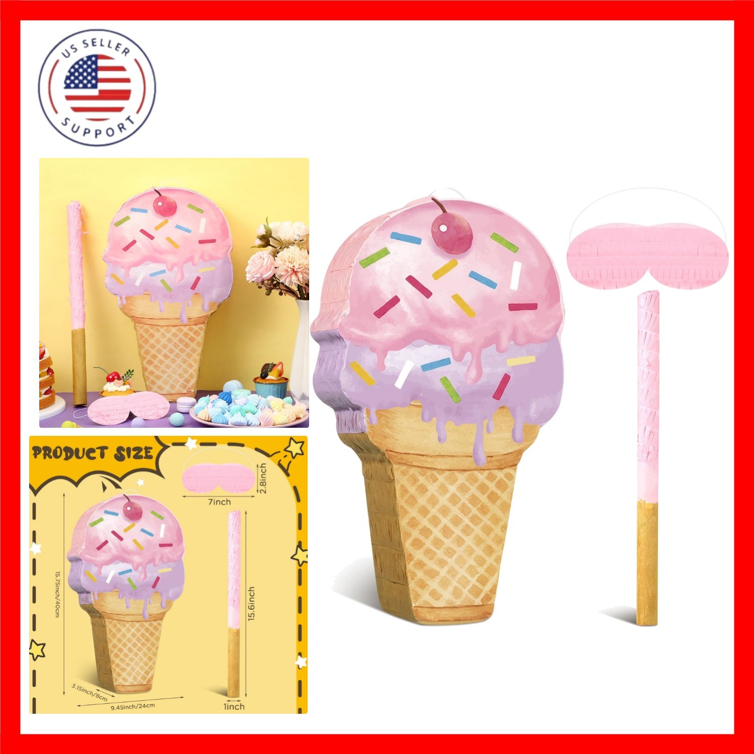 Pink Ice Cream Piñata Cute Dessert Cone Shaped Piñata with Stick Blindfold fo...