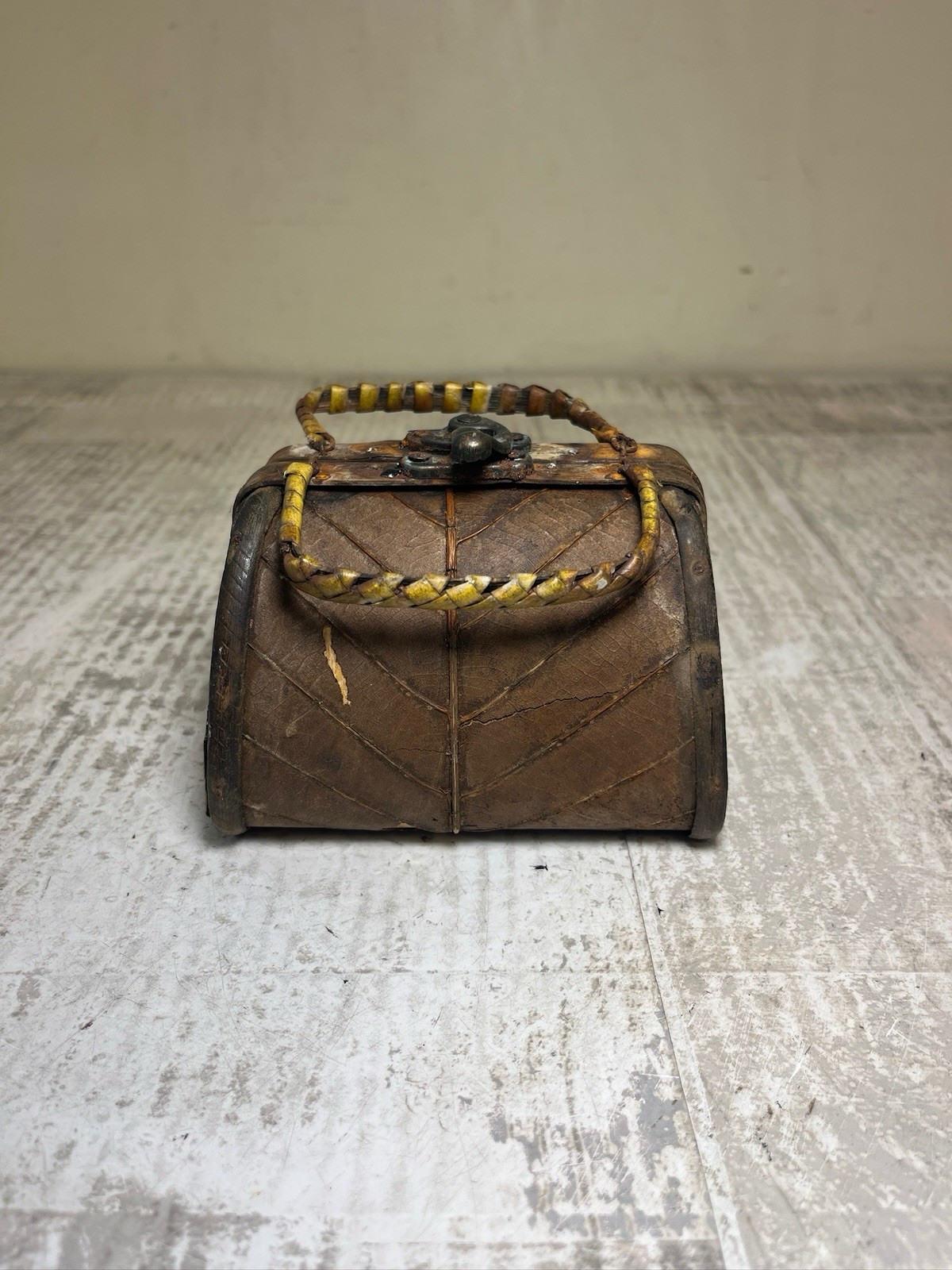 1940s Vintage Decorative Wooden Box Purse Woven Bamboo & Wood W/ Metal Latch