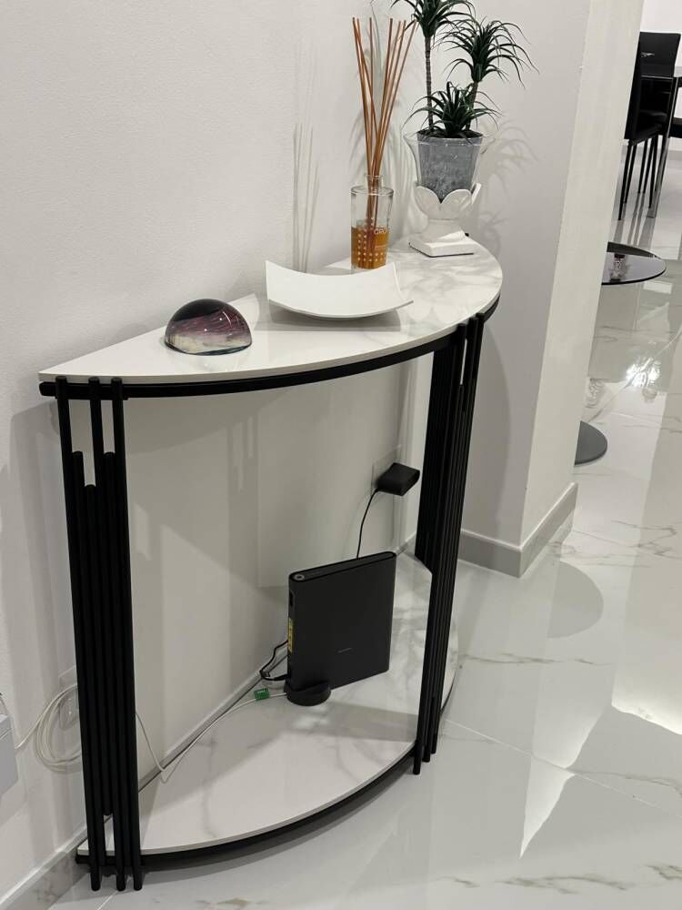 Modern Half Moon Round Console Table Dual Layer Marble Shelf Hallway Living Room