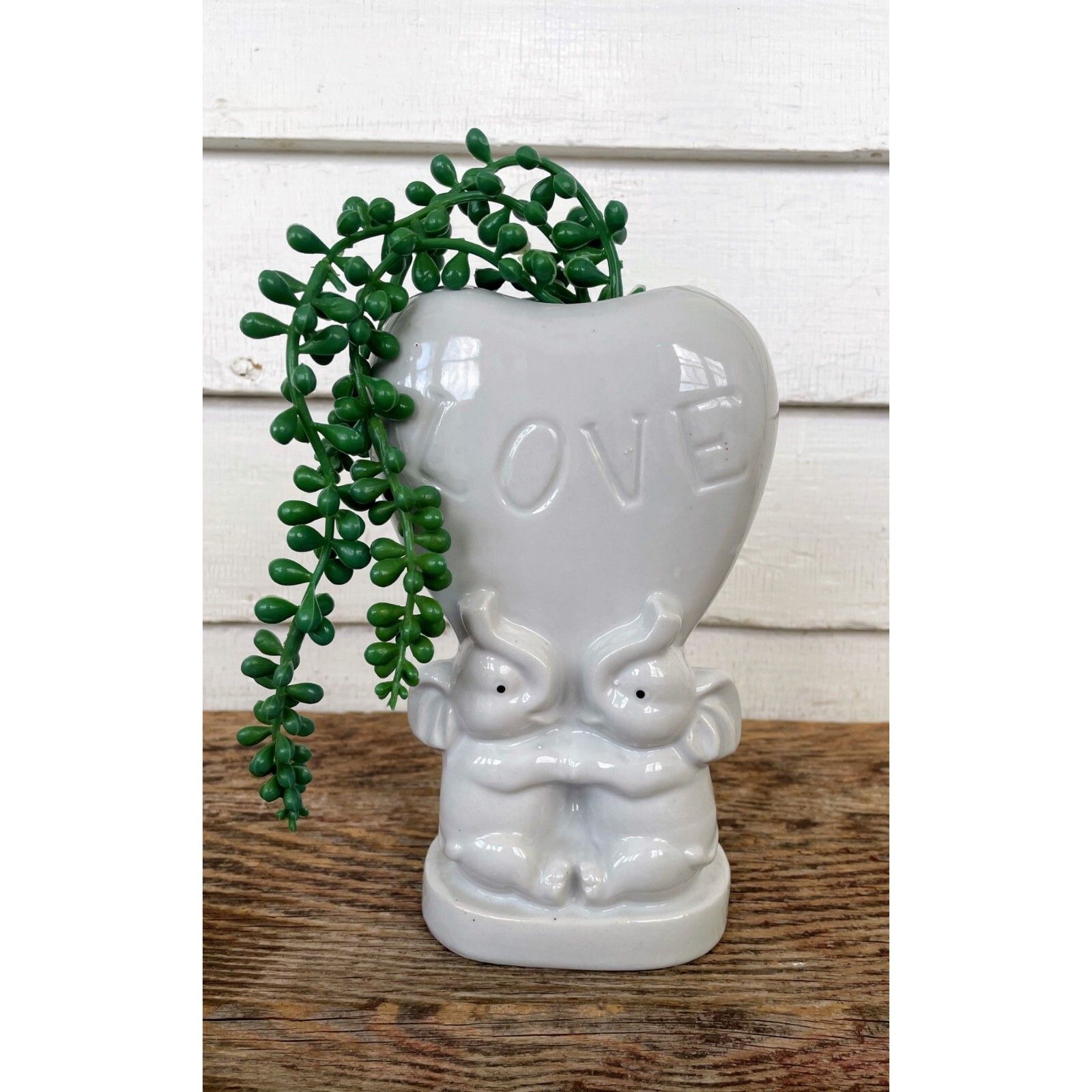 Vintage 1950s White Porcelain Elephant Heart Love Vase Planter