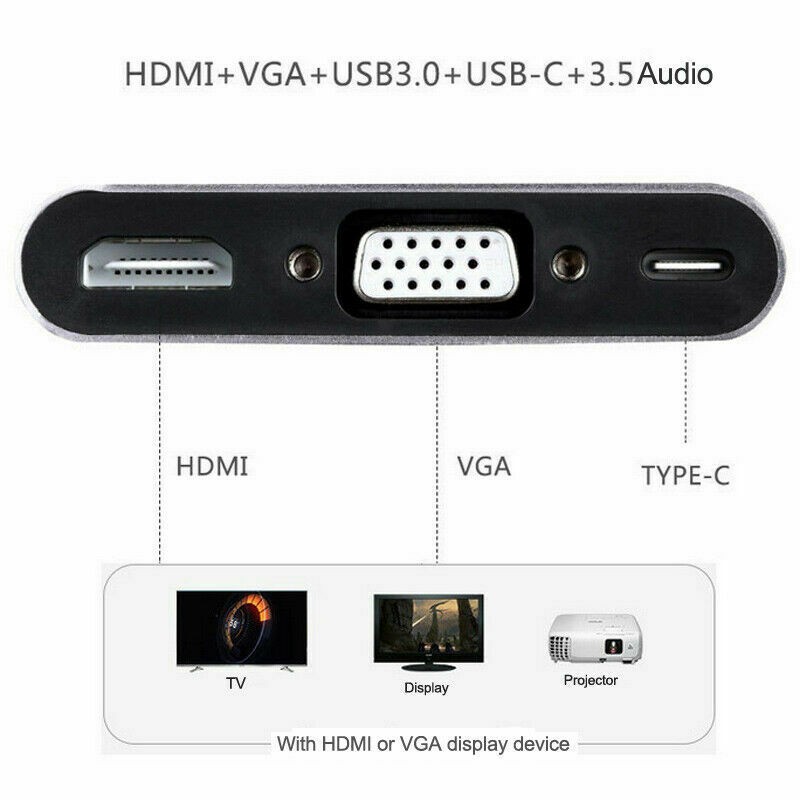 Type C to HDMI/VGA/USB 3.0/3.5mm Audio/USB-C PD Port 5 in1 Adapter Converter Hub