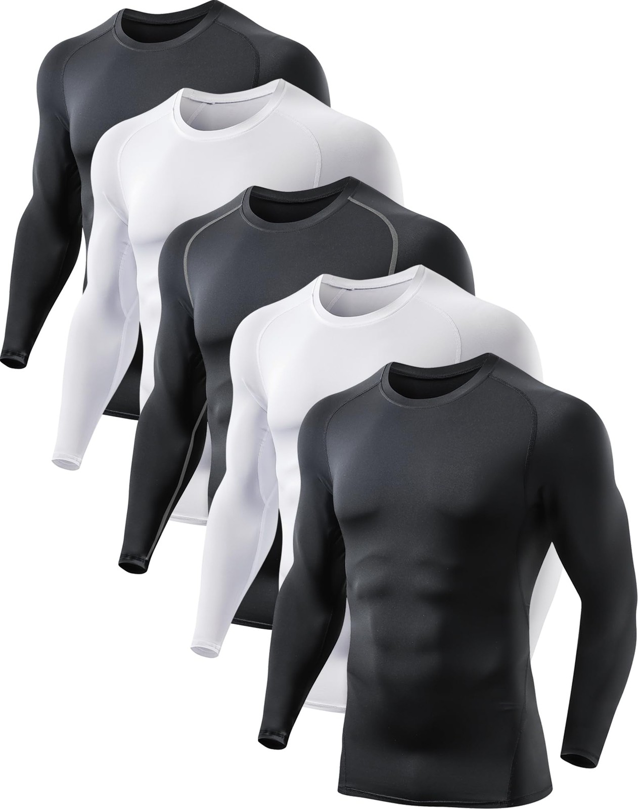 5 Pack Compression Shirts for Men Long Large, Black(g)/Black/White (5 Pack)