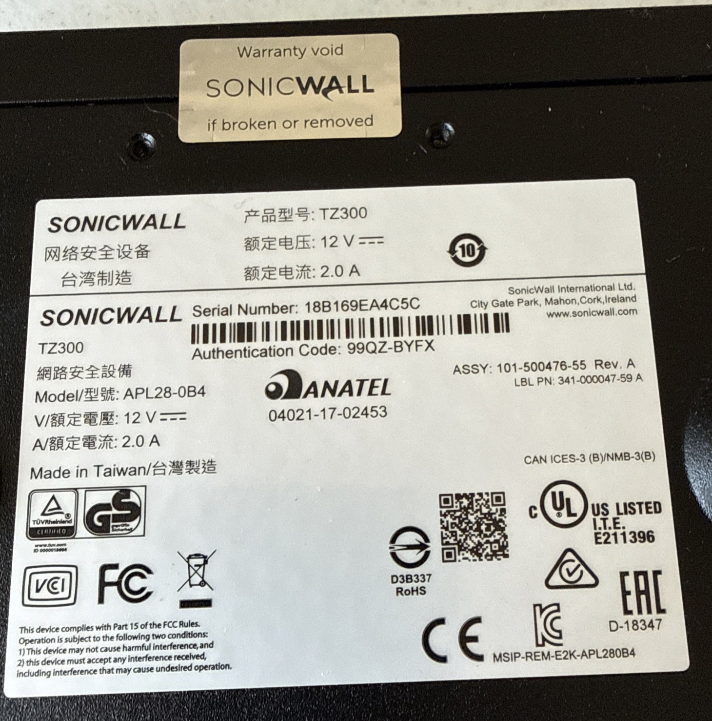 SonicWall TZ300 Firewall APL28-0B4