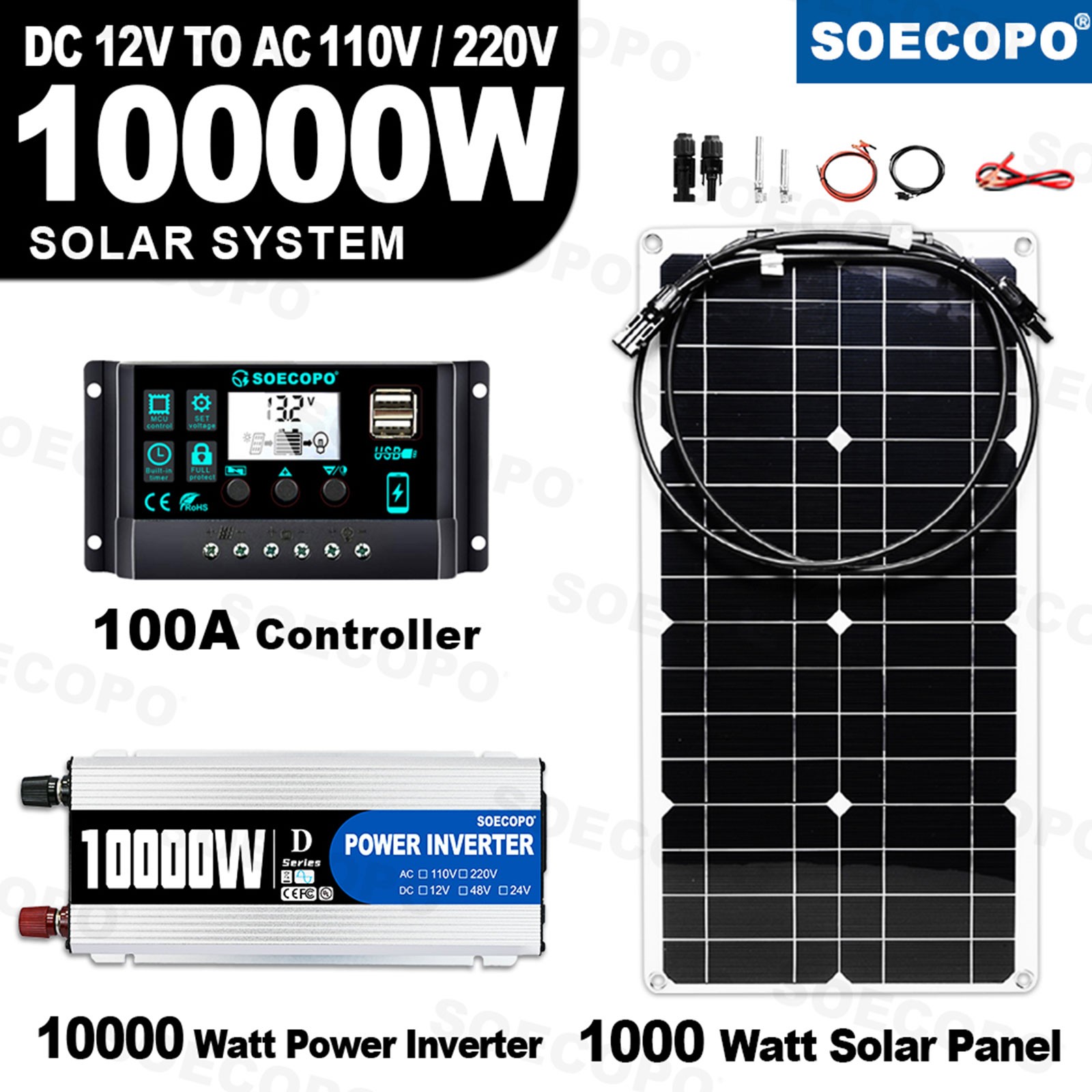 SOECOPO 10000W Peak Solar System Kit Flexible Panel 100A Controller 12V 110/220V