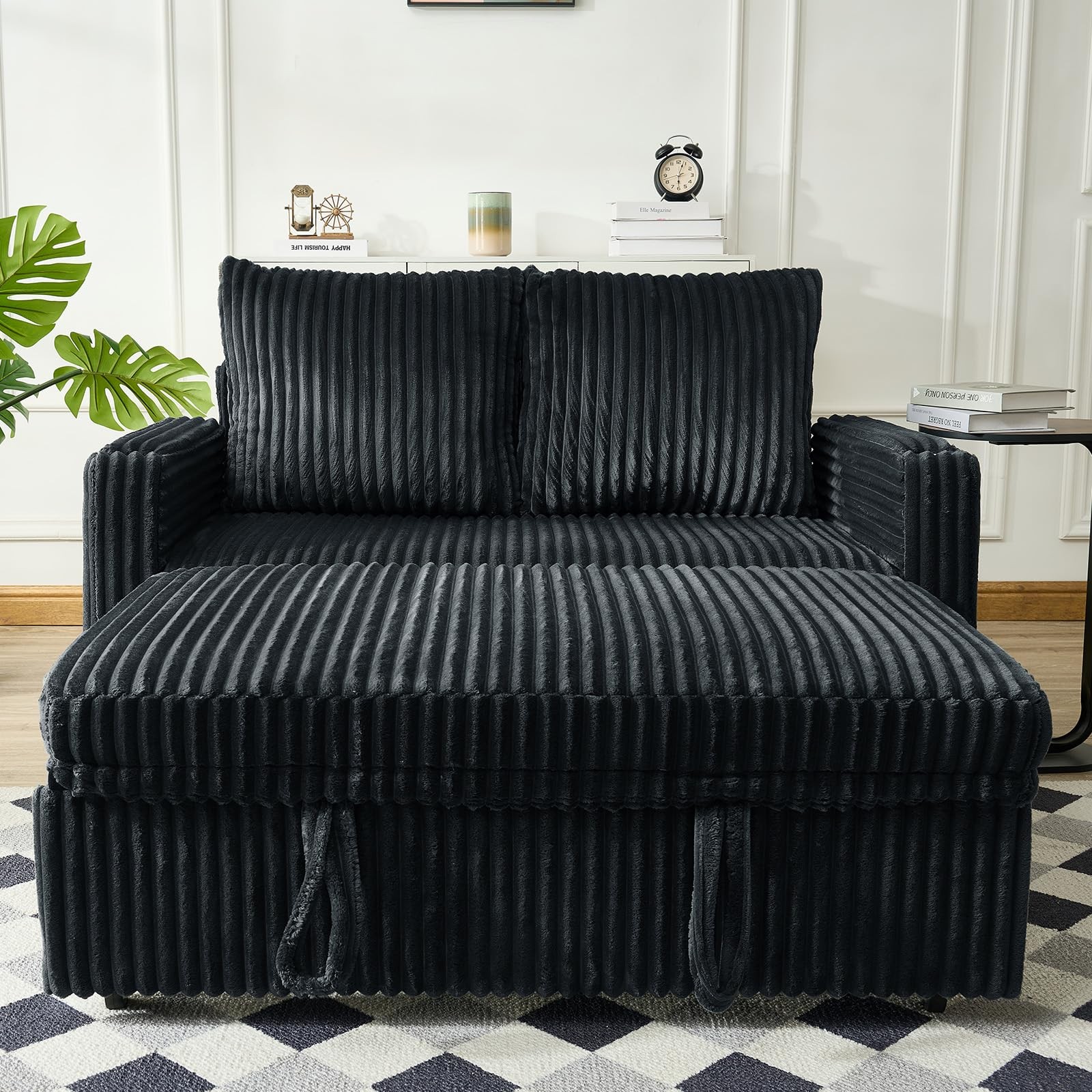 Pull Out Sofa Bed Convertible Corduroy Loveseat USB Charging Adjustable Black