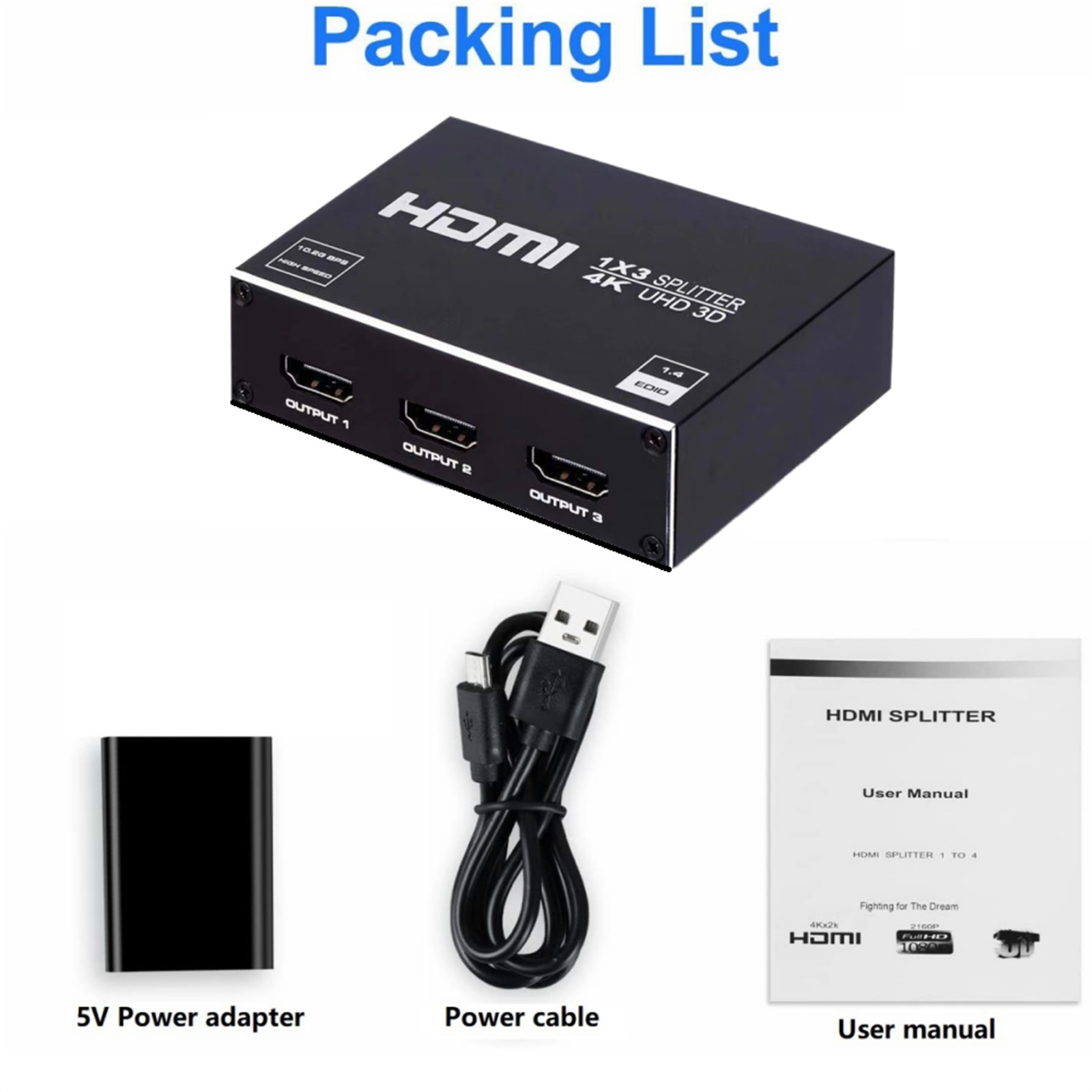 1X3 1 In 3 Out HDMI Splitter HD 2160P 4K 2K@30Hz 4 Port Box Hub Adapater DC 5V