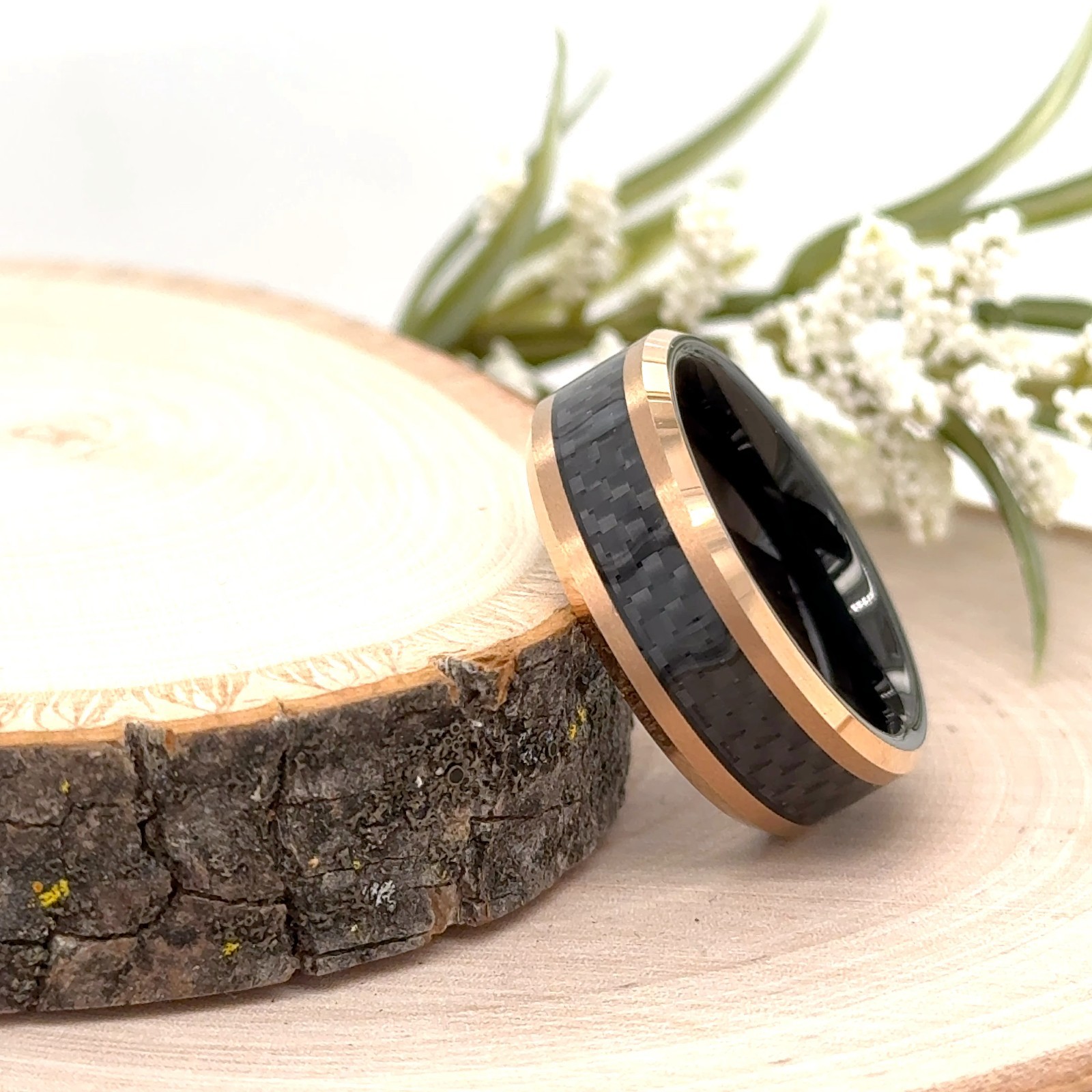 8mm Black Tungsten Christmas Gift Ring Carbon Fiber Inlay & Rose Gold Shiny Band