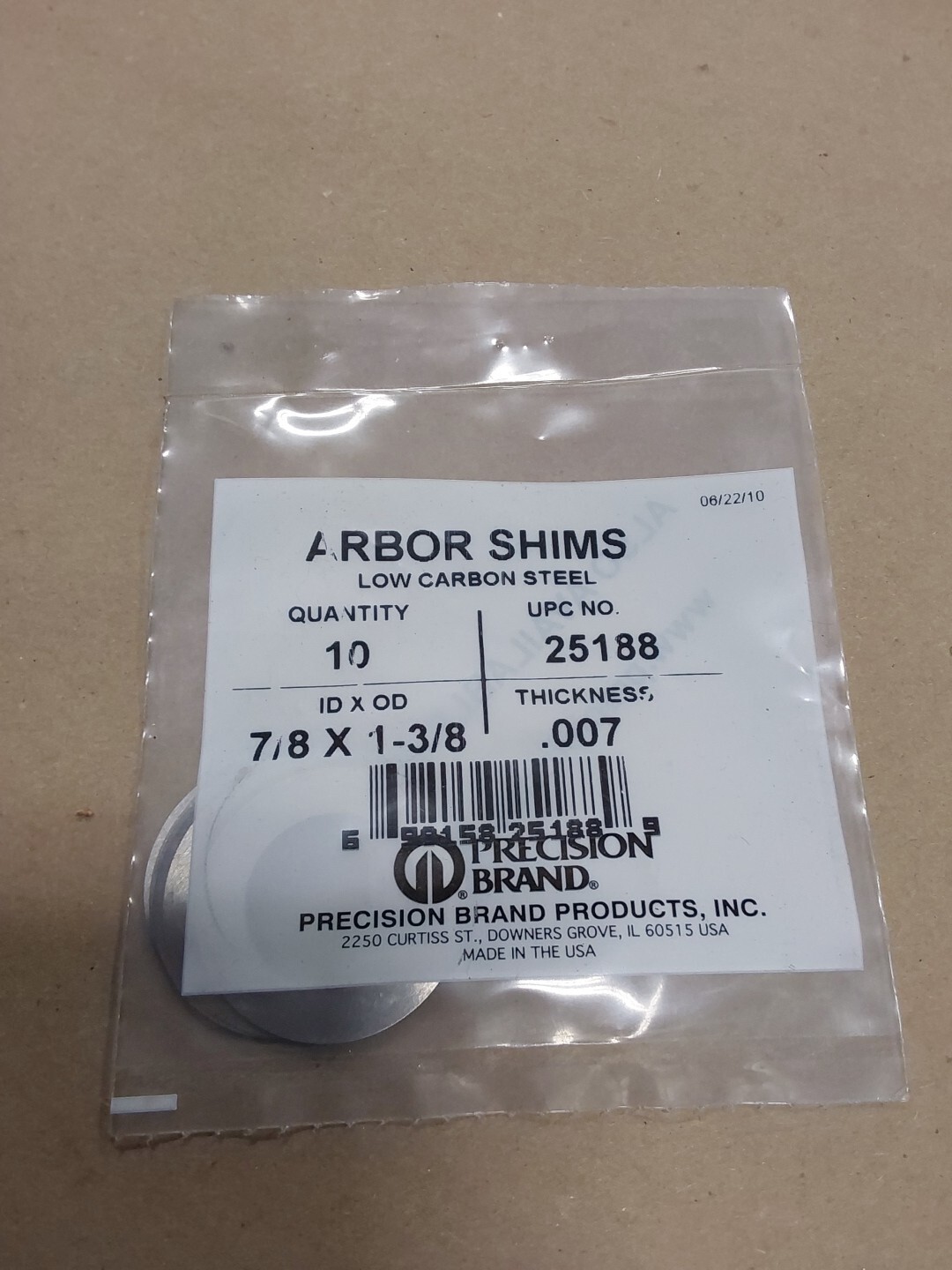 Precision Brand Arbor Shims 25188 7/8x1-3/8x.007 Low Carbon Steel, Pack Of 10