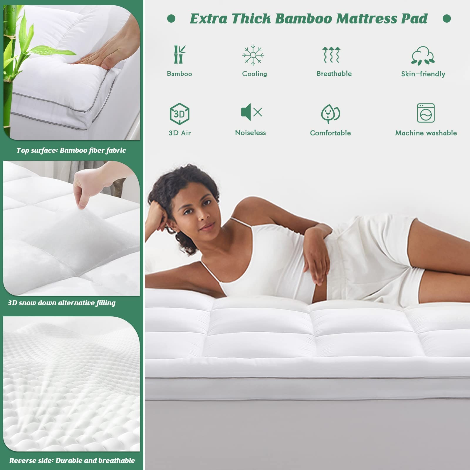 GRT Pillowtop Mattress Topper Queen Size, Rayon from Bamboo Queen, White