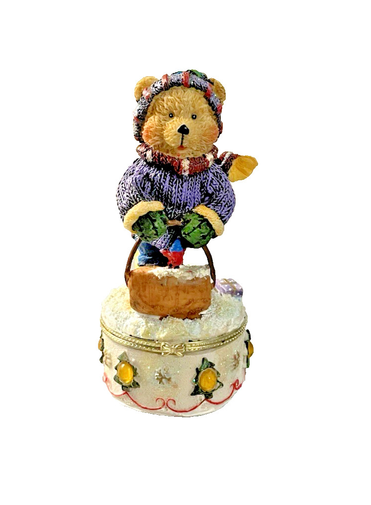 Sledding Bear Trinket Box Winter Holiday 6" Tall Resin