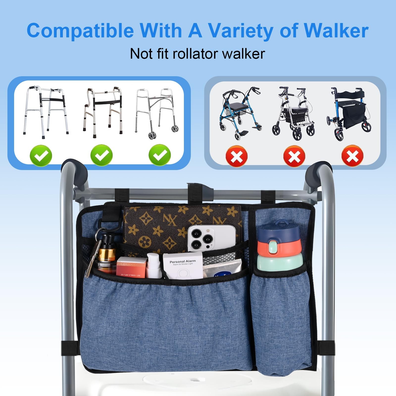 Walker Bag with Cup Holder Premium Walker Basket for Folding Walker Foldabl