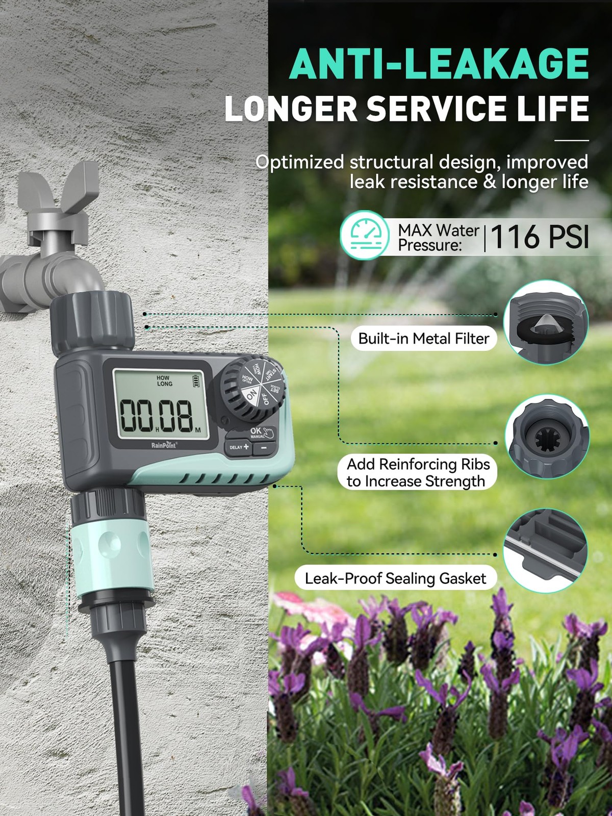 New RAINPOINT Sprinkler Timer, Programmable Water Timer for Garden Hose, Outdoor