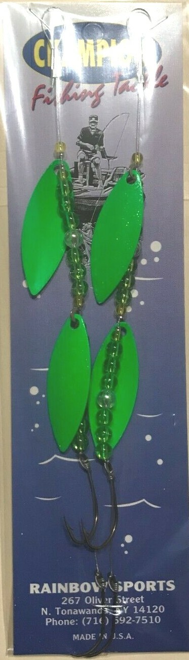 2 CHAMPION WIRE WORM HARNESS #4 Willow Leaf GREEN Glitter face 2 Blade 2 Hook
