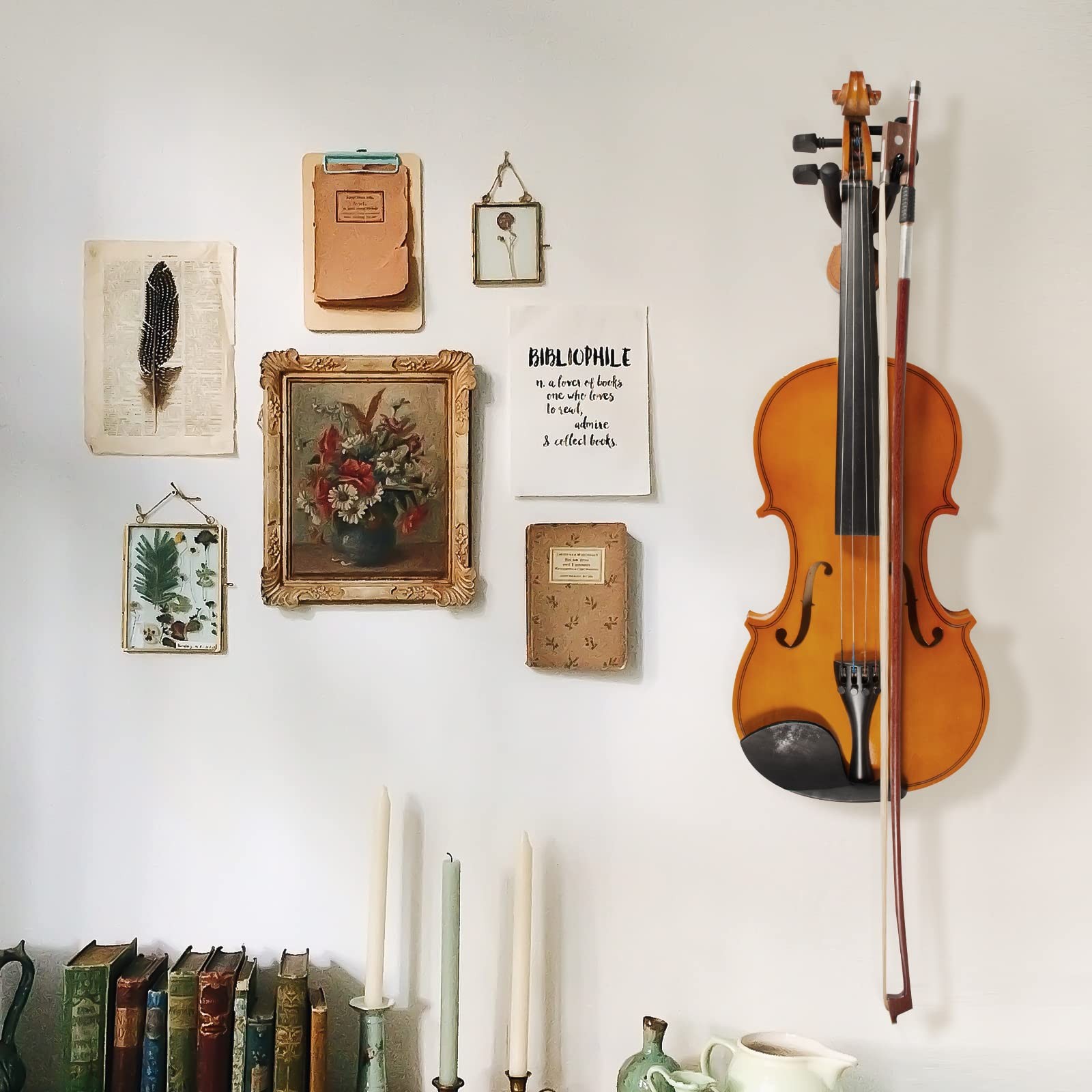 Violin Wall Mount Hanger with Bow Hook - Rosewood Stand for Home Studio