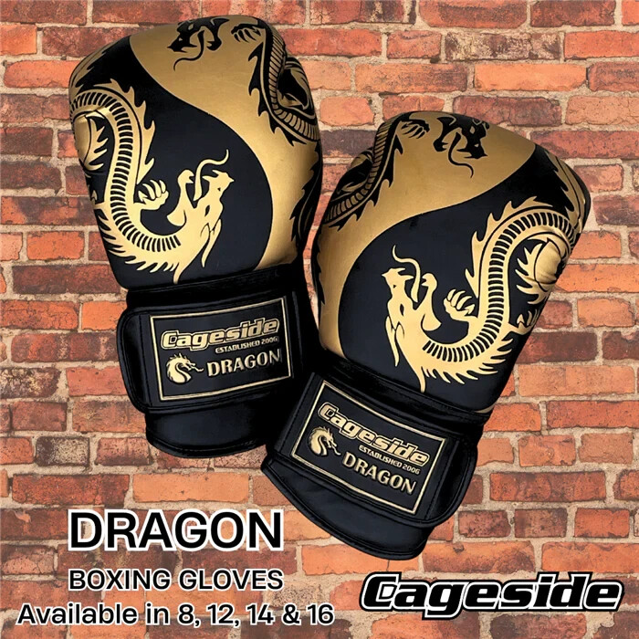 Cageside DRAGON Boxing gloves gold on black 8oz 12oz 14oz 16oz