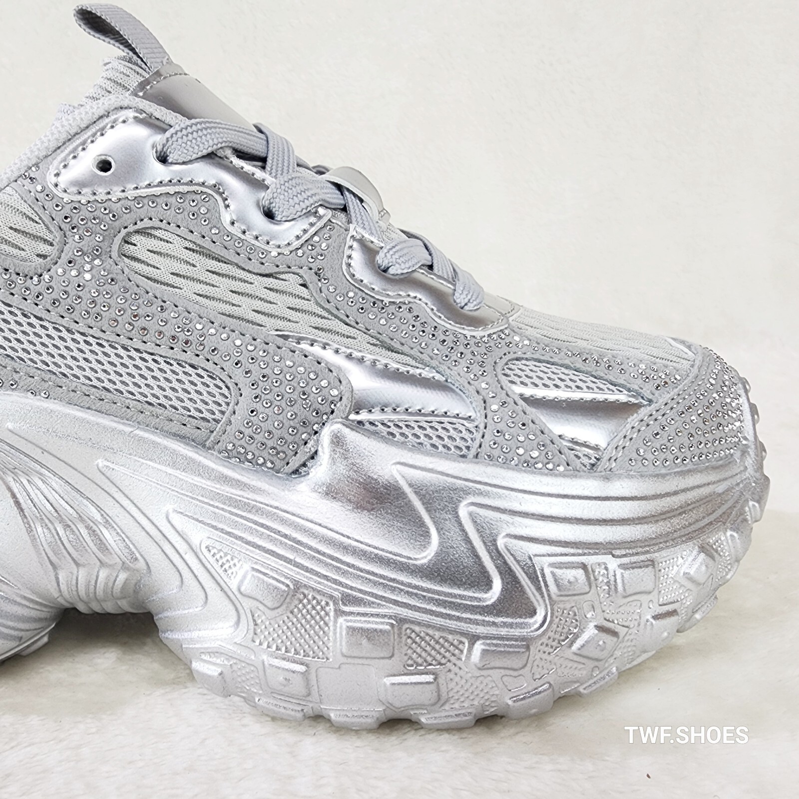 Cush Sparkle Sport Rhinestone Comfy Platform Light Weight Sneakers Silver