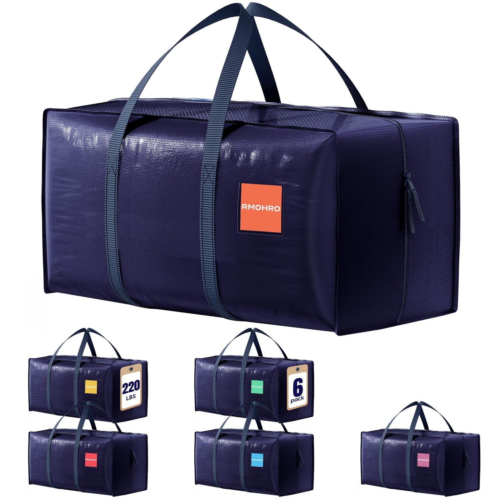 6 Pack Moving Bags Heavy Duty 210GSM with Full-Open Side Zipper, 93L 220lbs W...