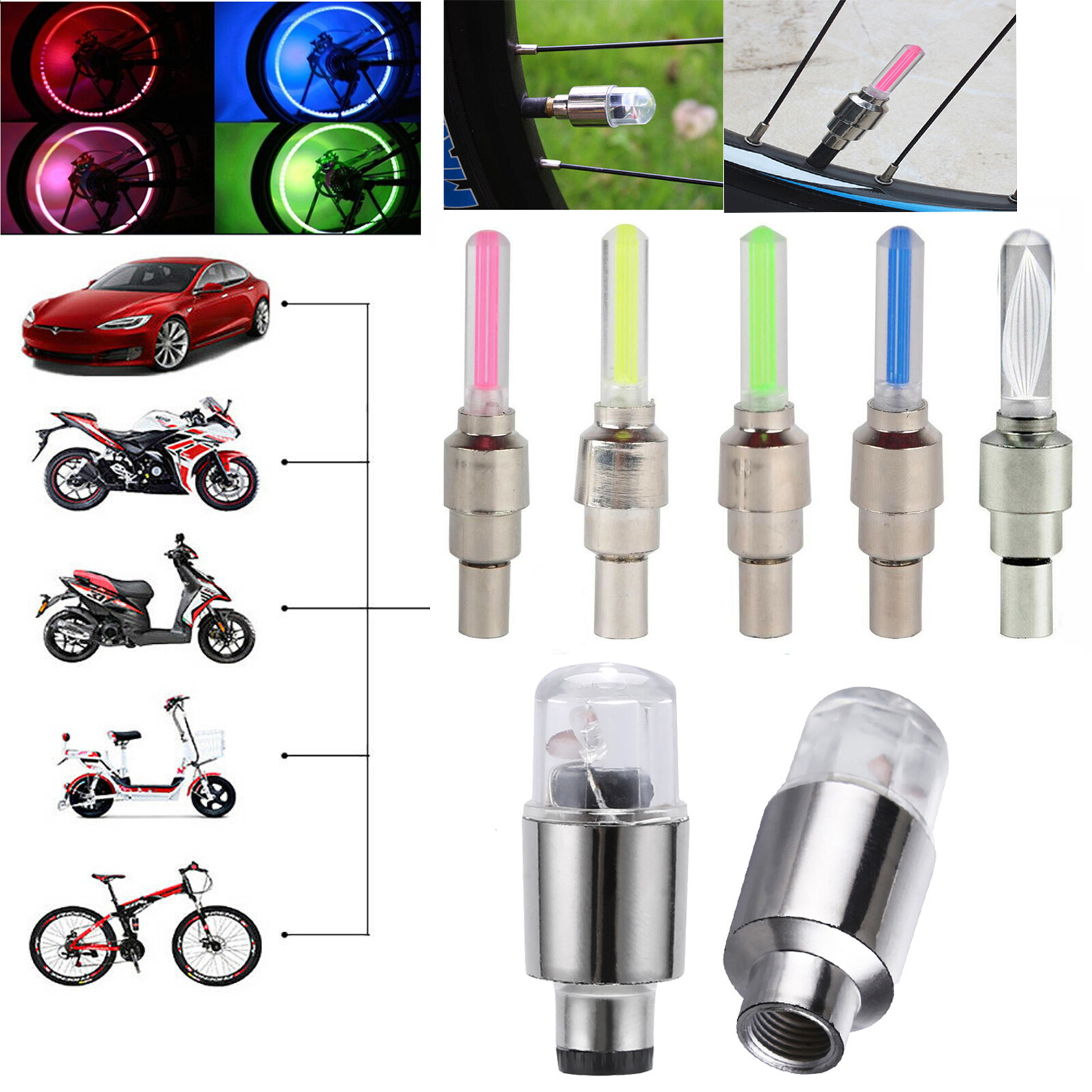 2X Flash LED Wheel Lights Valve Tyre Caps Neon Light For Car Bicycle Motorcycle