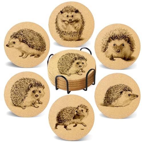 Hand Drawn Coasters with Holder Set of 6, Illustration Cork Coaster Hedgehog