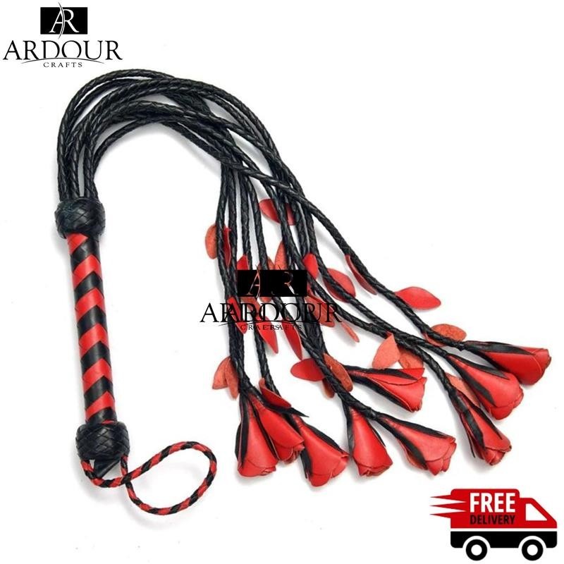 Handmade Genuine Leather Flogger Cat-O-Nine Flower Tails Braided Handle Collect