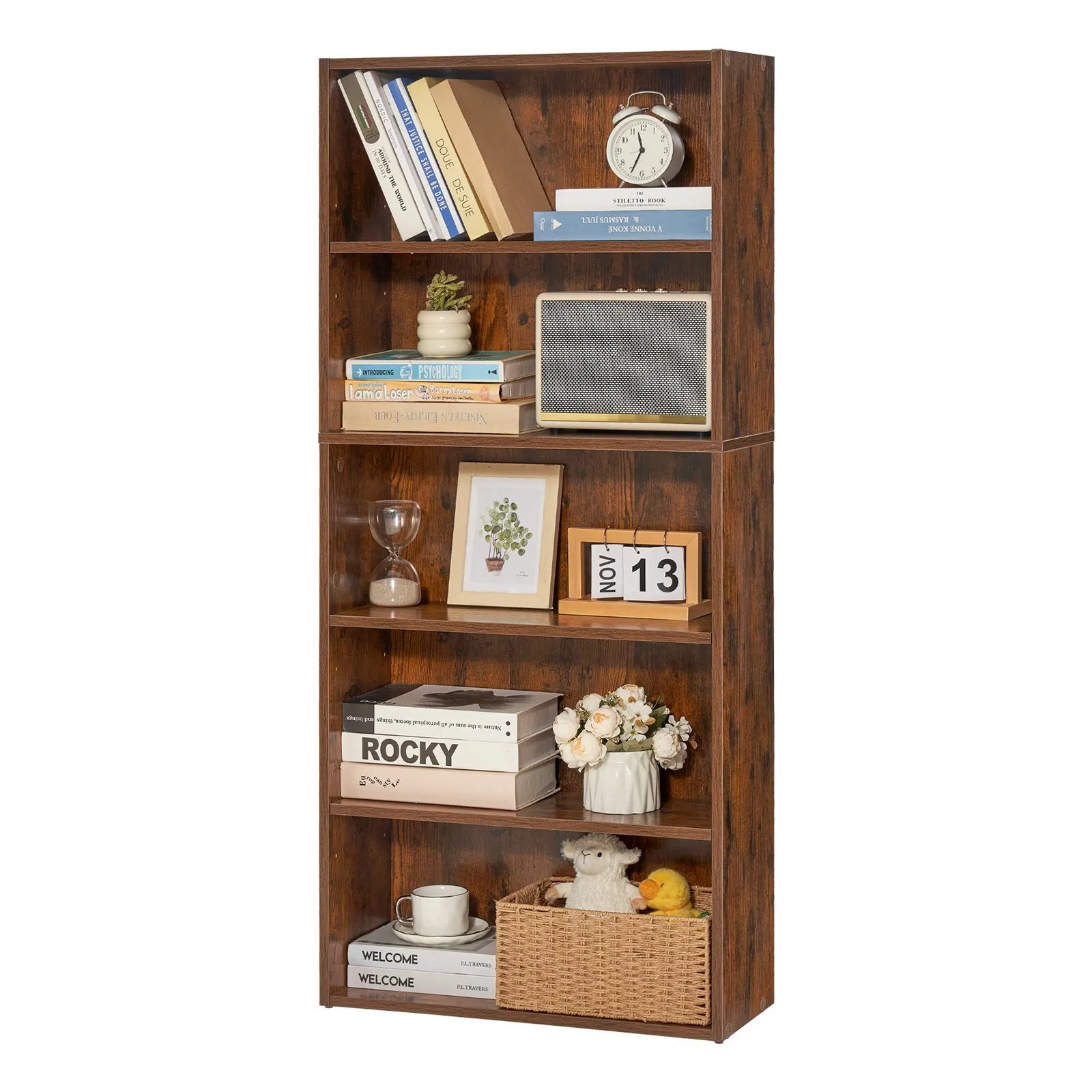 5 Tiers Narrow Bookshelf, 53 in Wooden Open Bookcase with Height-Adjustable Shel