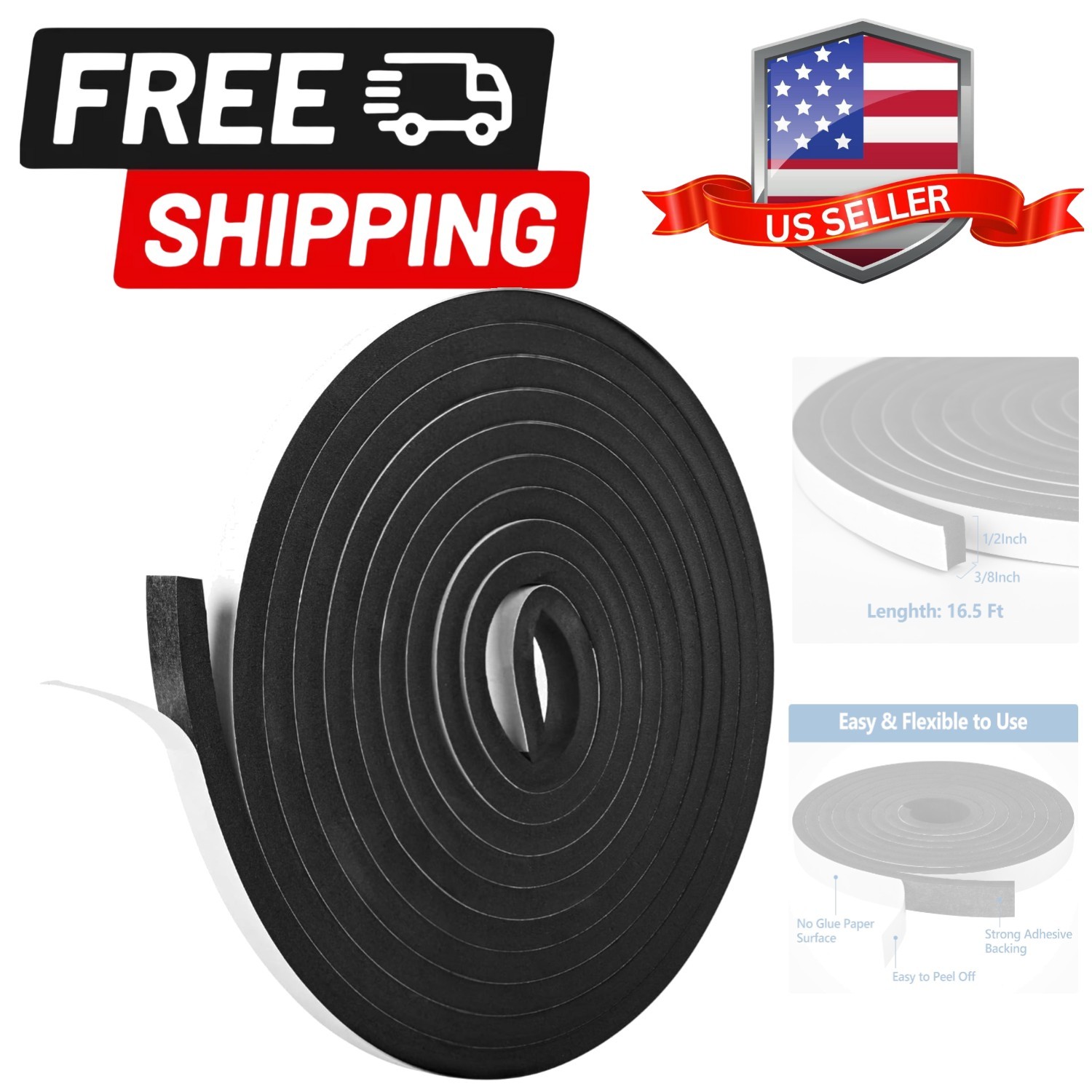 Self Adhesive Foam Tape Weatherstrip 1/2In x 3/8In x 16.5Ft High Density Foam...