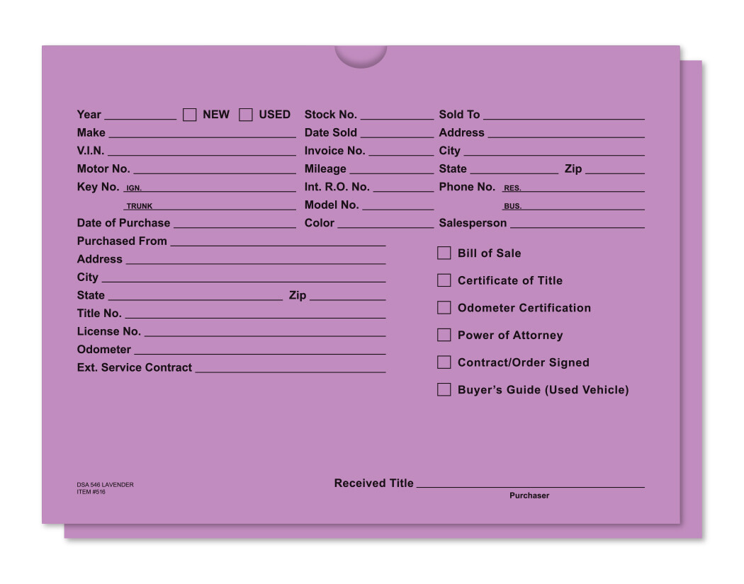 Deal jacket, Lavender,  Auto Car Dealer Record Envelope - Qty 500 Free Ship #516