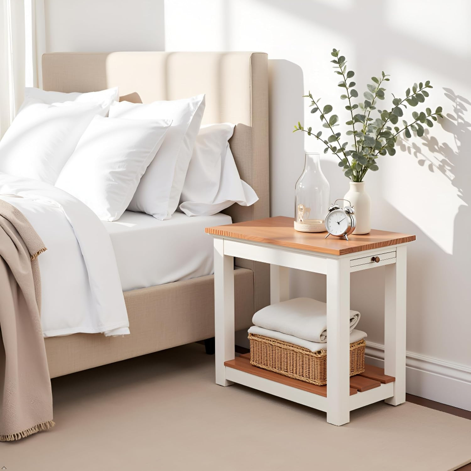 Savannah Narrow End Table – 12” W X 22” D Small Side Table with Pull-Out Tray an
