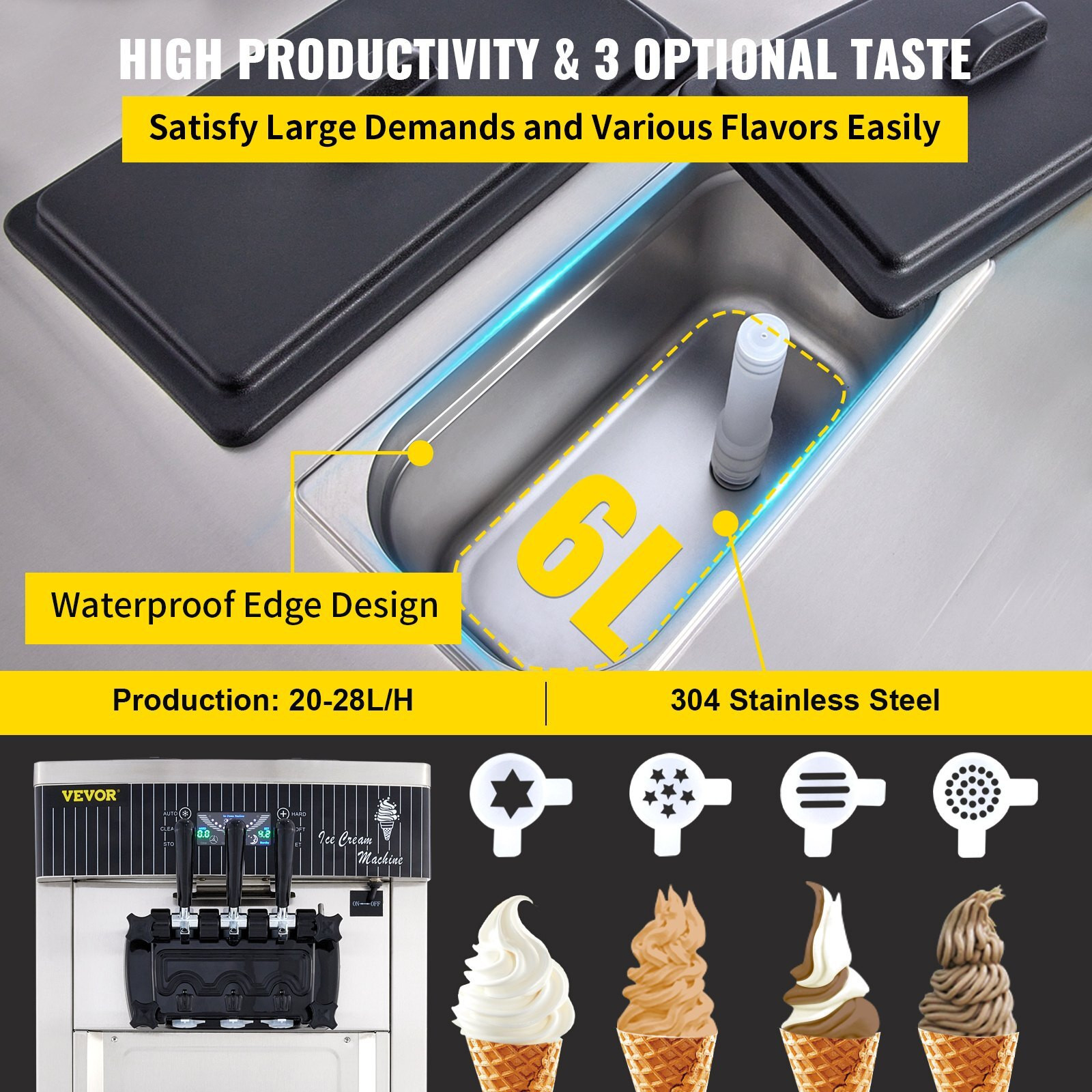 Pro Commercial Soft Serve Ice Cream Machine Yogurt Maker 20-28L/H 3Flavors