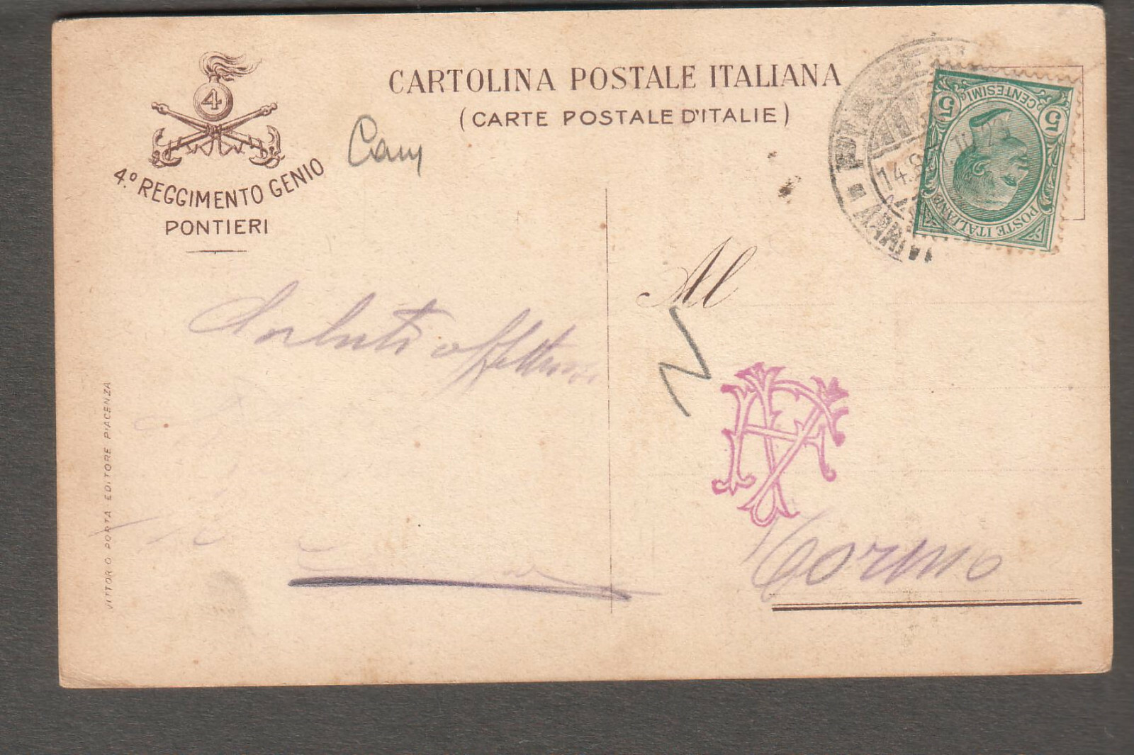 Italy 1910 color 4 Reggimento Genio military post card Piacenzo to Torino
