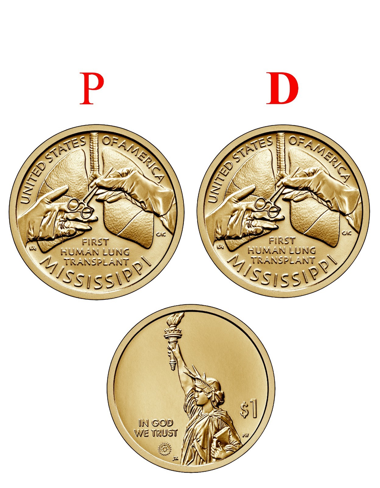 2023 P&D MISSISSIPPI FIRST HUMAN LUNG TRANSPLANT INNOVATION DOLLAR (2 COINS) UNC